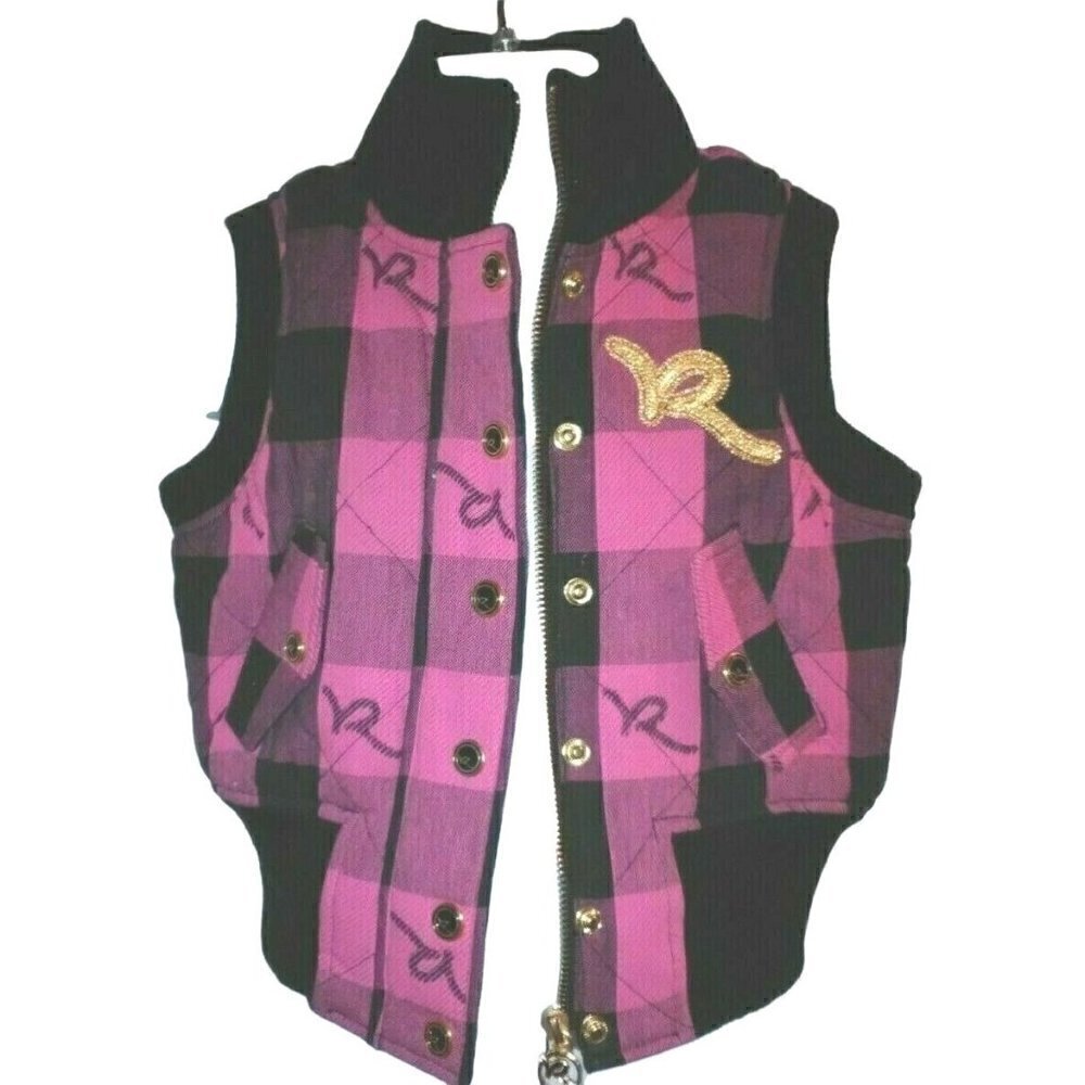 Roca Wear Girls Zip Front Quilted Vest Size 4 Pink Black Plaid